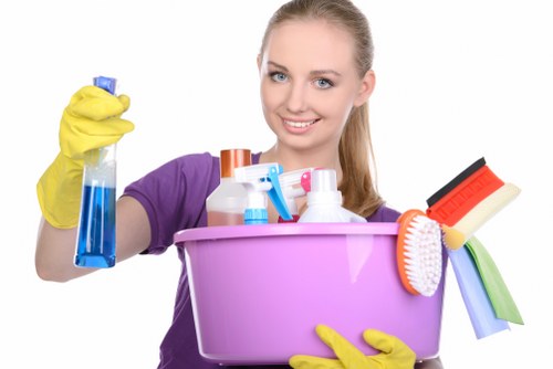 Domestic cleaner working in a modern Acton flat kitchen
