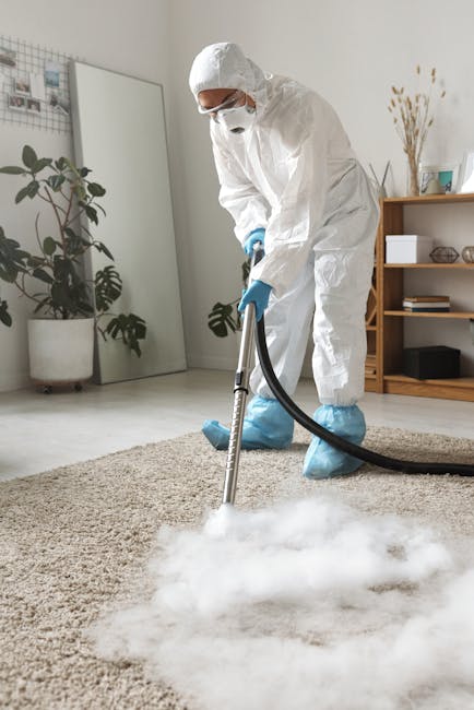 A professional in full protective clothing, including a white jumpsuit, gloves, face mask, and shoe covers, is using a steam cleaning machine on a light beige carpet in a bright, modern living room. T